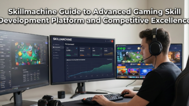 A gamer uses a multi-monitor Skillmachine analytics platform in a modern gaming setup to track skill development.
