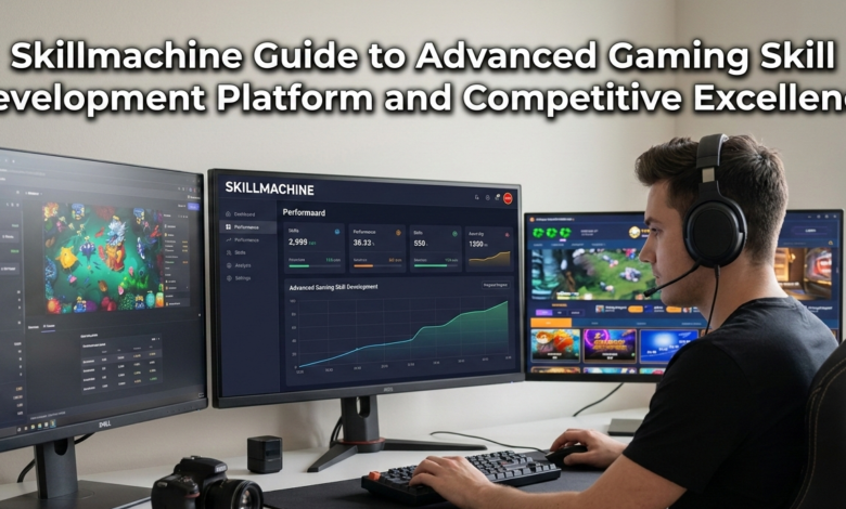 A gamer uses a multi-monitor Skillmachine analytics platform in a modern gaming setup to track skill development.