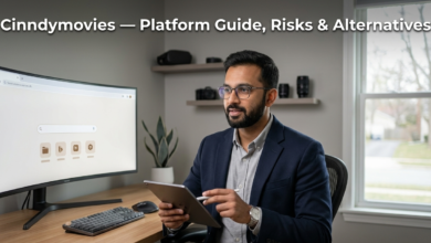 A man in a suit looks at a tablet near a monitor, with the text "Cinndymovies — Platform Guide, Risks & Alternatives."