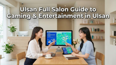 A modern office setting with two people reviewing a digital map for Ulsan Full Salon gaming entertainment.