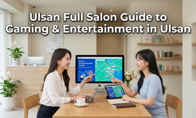 A modern office setting with two people reviewing a digital map for Ulsan Full Salon gaming entertainment.