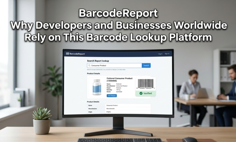 A computer monitor displaying a BarcodeReport lookup on a wooden desk, with people in a modern office.