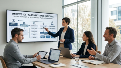 A business presentation on Improve Software Meetshaxs in Future with a team in a modern office meeting room.