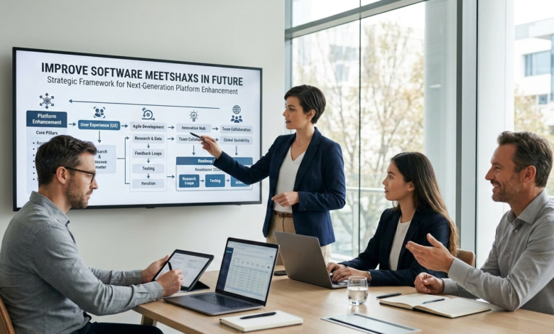 A business presentation on Improve Software Meetshaxs in Future with a team in a modern office meeting room.