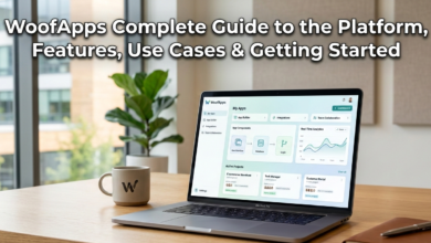 A professional office desk featuring a laptop displaying the WoofApps dashboard with a plant and coffee mug in the background.