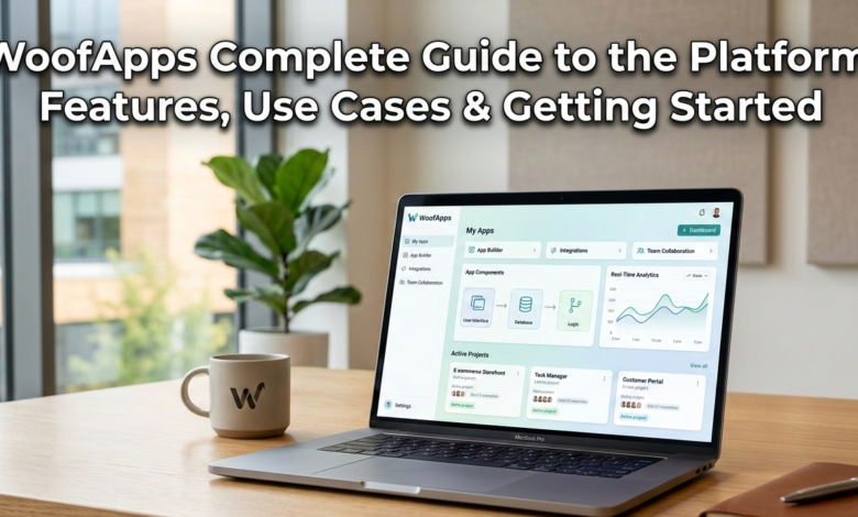 A professional office desk featuring a laptop displaying the WoofApps dashboard with a plant and coffee mug in the background.