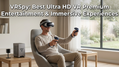 A person wearing a VR headset and controllers is sitting in a modern, light-filled living room, representing VRSpy.