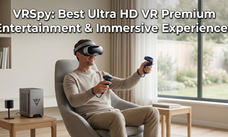 A person wearing a VR headset and controllers is sitting in a modern, light-filled living room, representing VRSpy.