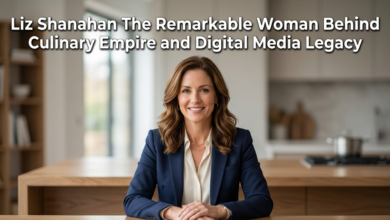 Liz Shanahan smiles at a desk, a title overlaying about her culinary and digital media legacy.