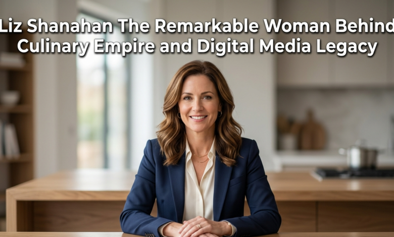 Liz Shanahan smiles at a desk, a title overlaying about her culinary and digital media legacy.