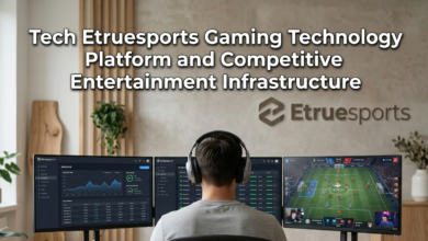 A professional gamer wearing a headset manages data and matches for the Tech Etruesports platform on multiple screens.