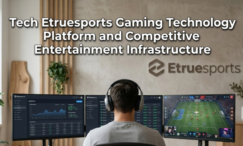 A professional gamer wearing a headset manages data and matches for the Tech Etruesports platform on multiple screens.