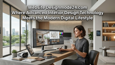 Interior designer using VR and tablet at a desk, with text for Website Designmode24.com above.
