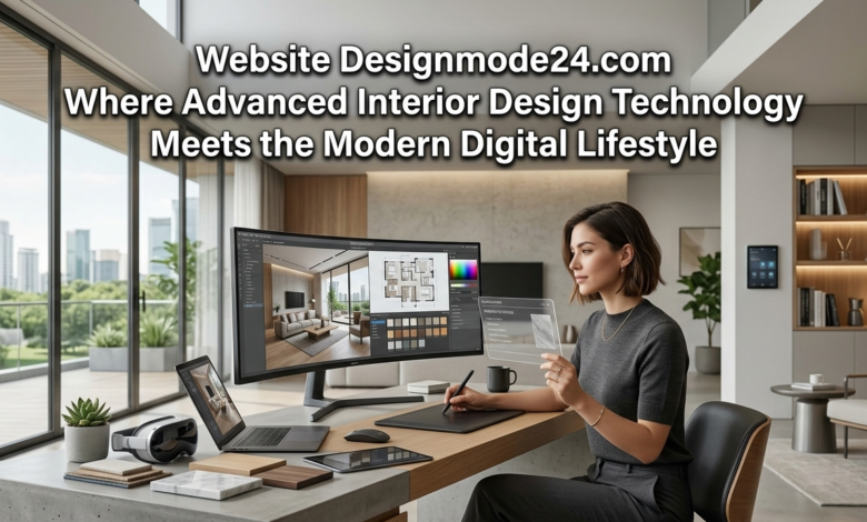Interior designer using VR and tablet at a desk, with text for Website Designmode24.com above.