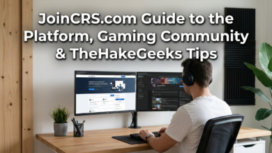 A gamer with headphones interacts with the JoinCRS.com gaming community platform and tips on a dual-monitor setup.