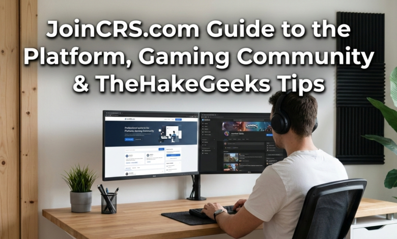 A gamer with headphones interacts with the JoinCRS.com gaming community platform and tips on a dual-monitor setup.
