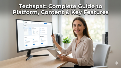 Woman smiling at her desk with a tablet and a large Techspat monitor displaying analytical data dashboard and the text "Techspat Complete Guide."