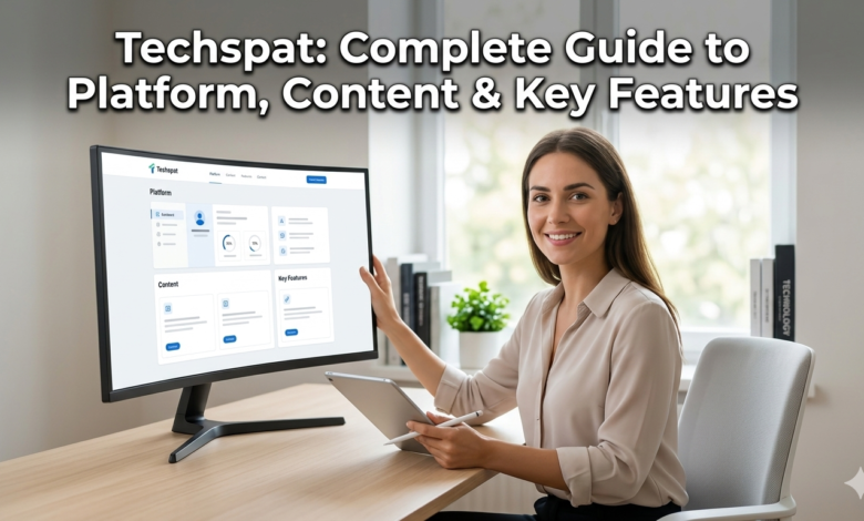 Woman smiling at her desk with a tablet and a large Techspat monitor displaying analytical data dashboard and the text "Techspat Complete Guide."