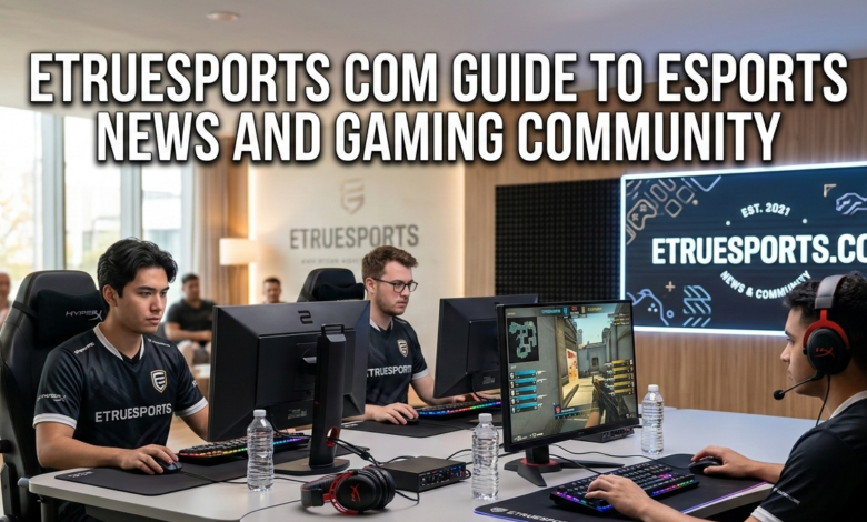 Etruesports Com pro gaming team training in a modern studio with multiple PC setups and branded wall logos.